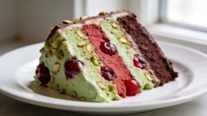 Layered pistachio, cherry, and chocolate spumoni ice cream in a dish