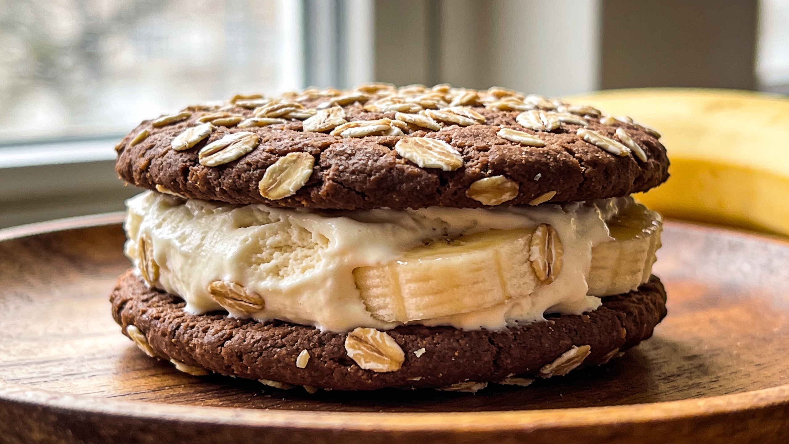Banana oat ice cream sandwich held by hand, showing creamy filling and wholesome cookie layers