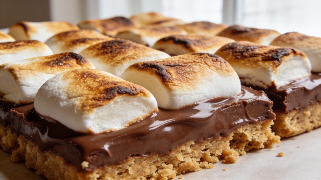 Oven-baked s'mores bars with gooey chocolate ganache and toasted marshmallow topping on a plate
