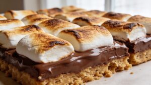 Oven-baked s'mores bars with gooey chocolate ganache and toasted marshmallow topping on a plate