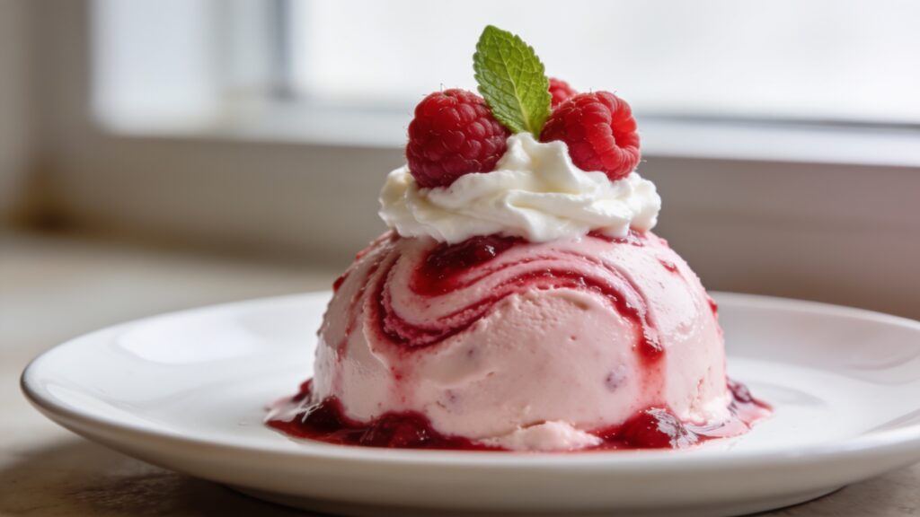Assembled mini raspberry dome desserts with ice cream and raspberries