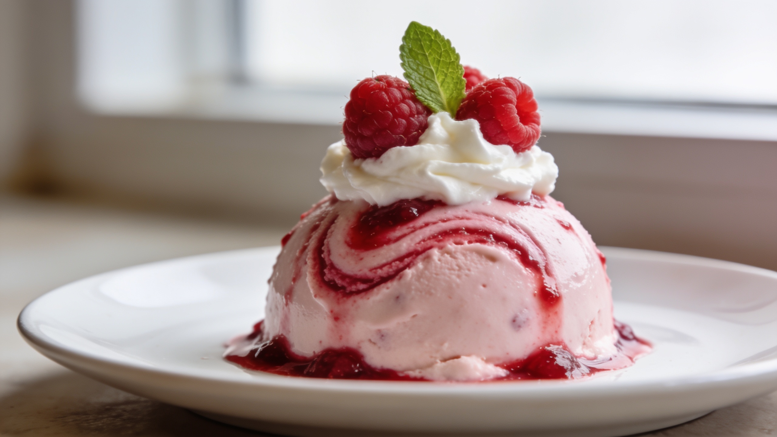 Assembled mini raspberry dome desserts with ice cream and raspberries