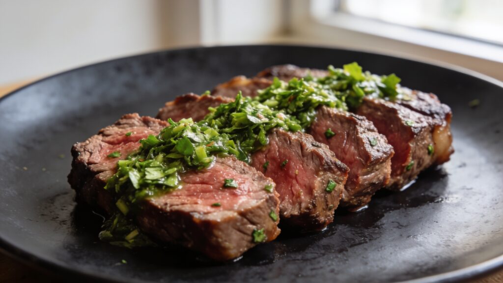 Plated lean filet mignon topped with vibrant herb chimichurri sauce