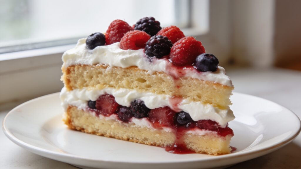 Victoria sponge cake with whipped cream and fresh August berries on a cake stand