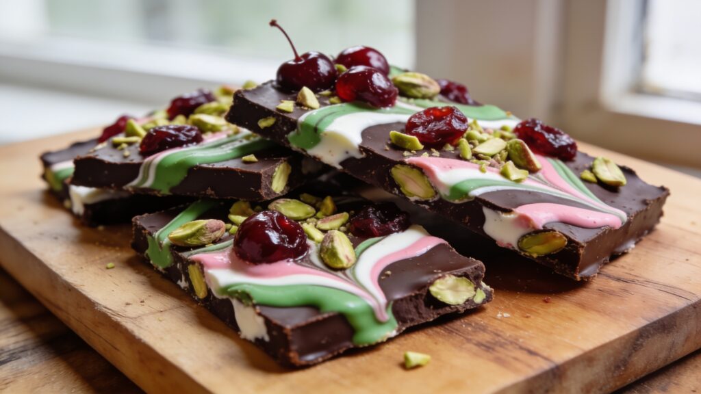 Vibrant spumoni bark with pistachio, cherry, and dark chocolate layers on a marble surface