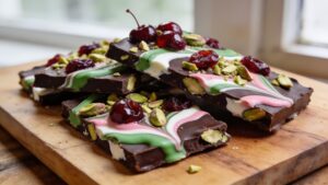 Vibrant spumoni bark with pistachio, cherry, and dark chocolate layers on a marble surface