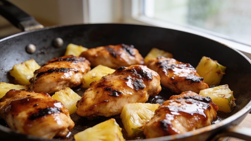 A single skillet filled with glazed pineapple teriyaki chicken thighs, garnished with pineapple rings and scallions