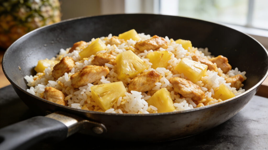 A single pan of pineapple chicken fried rice with diced chicken, pineapple chunks, and soy sauce.