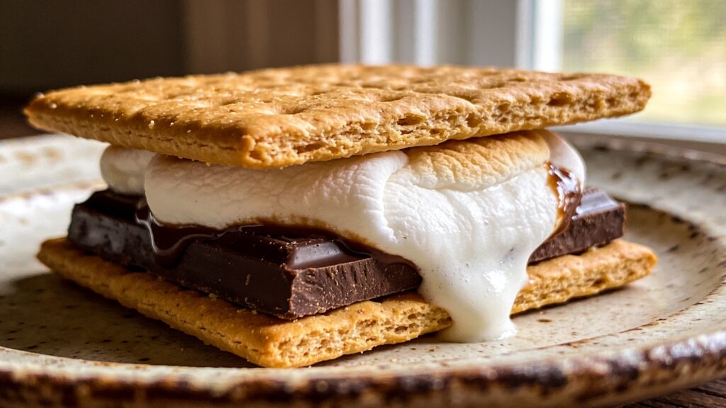 Gooey marshmallow, melted chocolate, and graham cracker s'mores prepared over a backyard fire