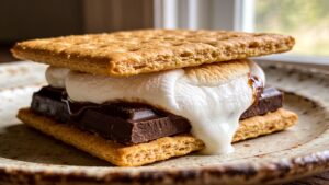 Gooey marshmallow, melted chocolate, and graham cracker s'mores prepared over a backyard fire
