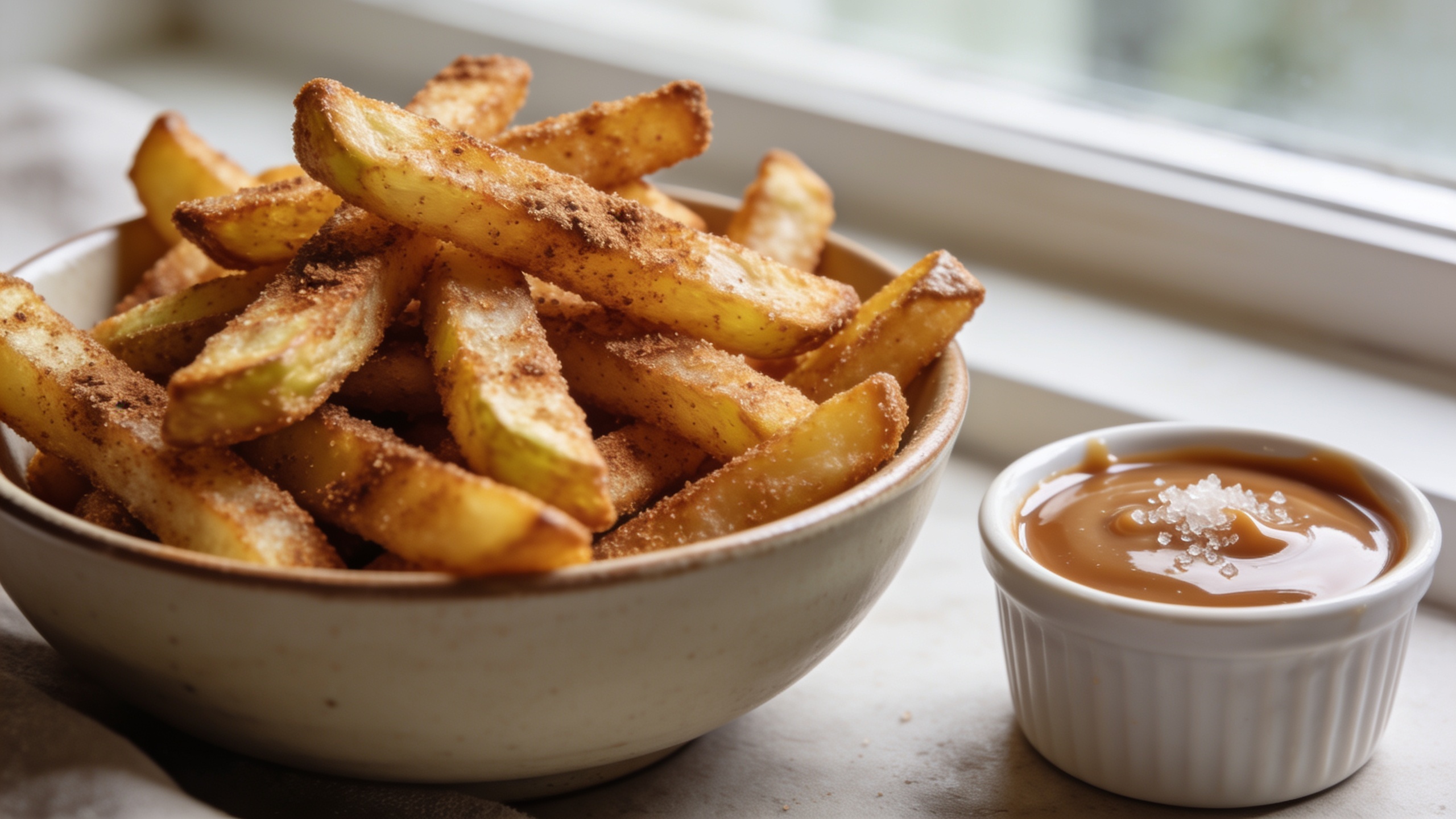 Crispy cinnamon-sugar apple fries served with a warm salted caramel dip