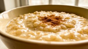 A bowl of creamy stovetop rice pudding with a spoon, ready in 20 minutes
