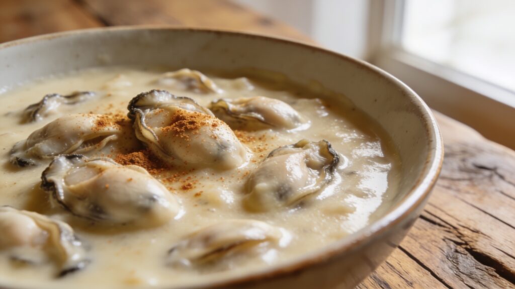 A bowl of creamy classic oyster stew garnished with parsley and served with crackers