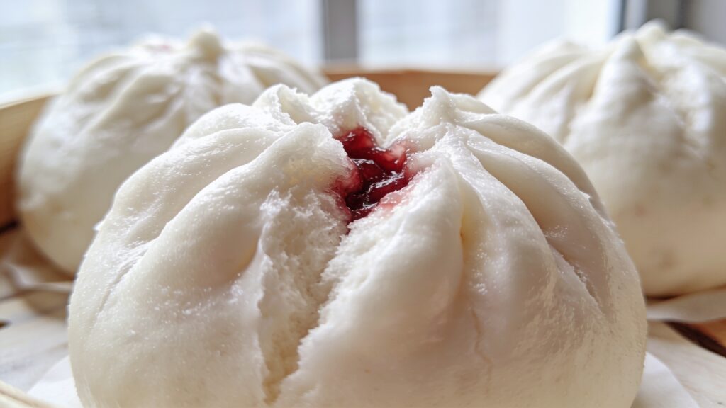 Fluffy steamed char siu bao buns on a bamboo steamer