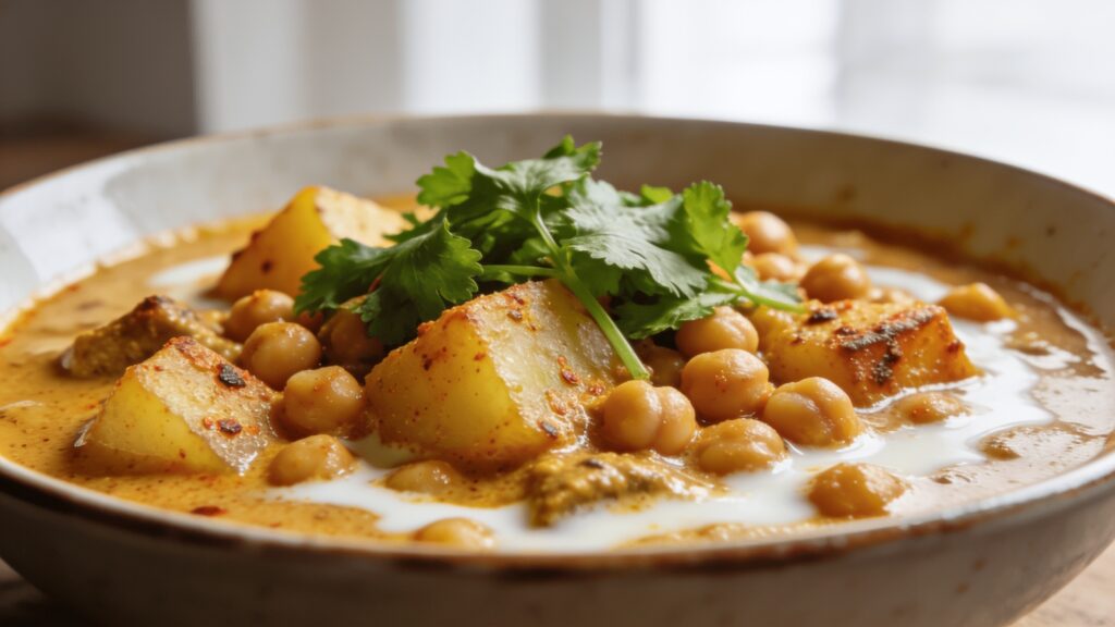 Spicy Potato and Chickpea Curry served in a bowl, garnished with fresh herbs