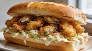 Golden fried oysters piled high on a hoagie roll with remoulade and slaw