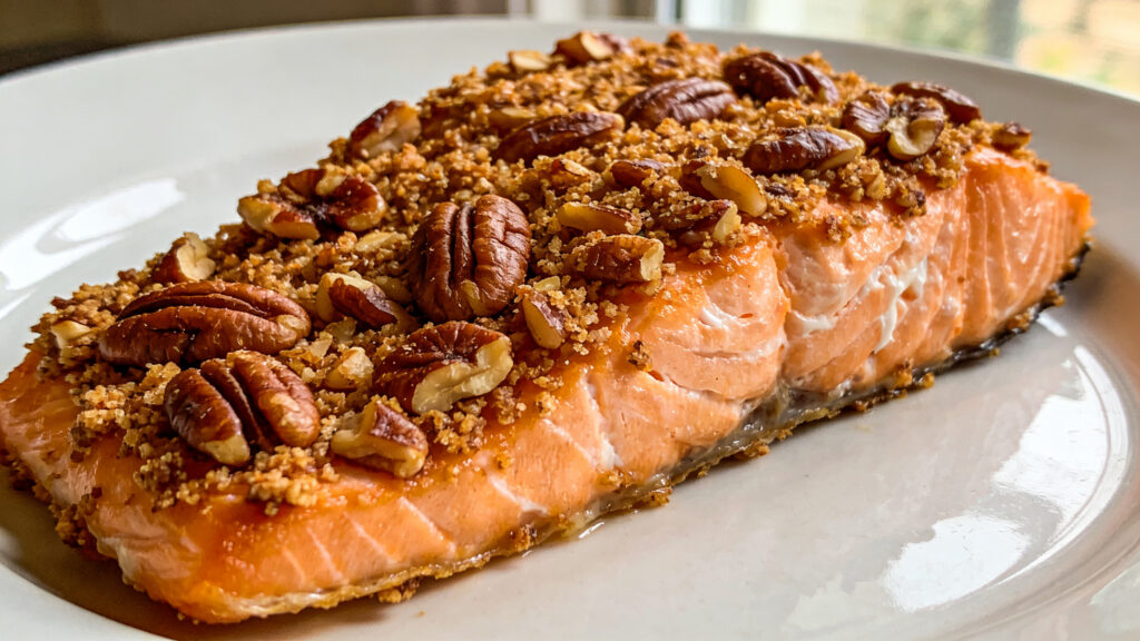 Pecan-crusted salmon fillets on a baking sheet with pecans and Dijon coating