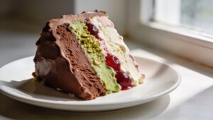 Three perfectly layered spumoni slices showing chocolate, pistachio, and cherry flavors on a dessert plate