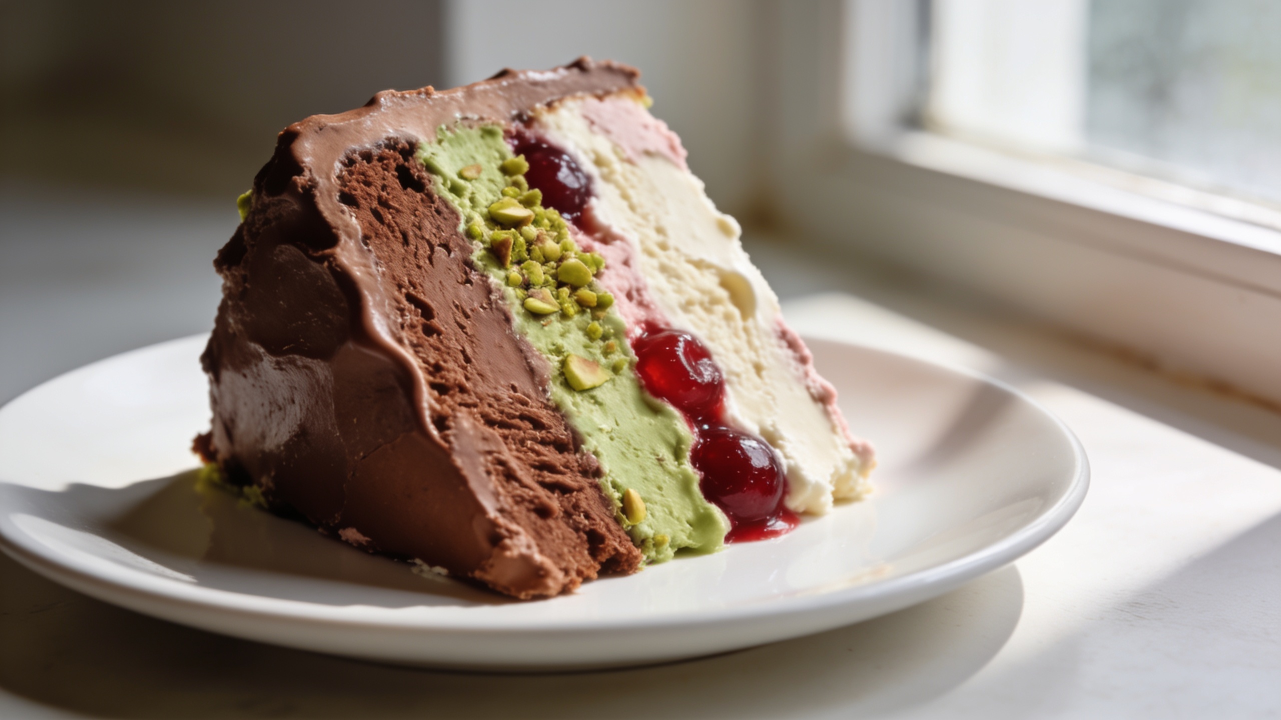 Three perfectly layered spumoni slices showing chocolate, pistachio, and cherry flavors on a dessert plate
