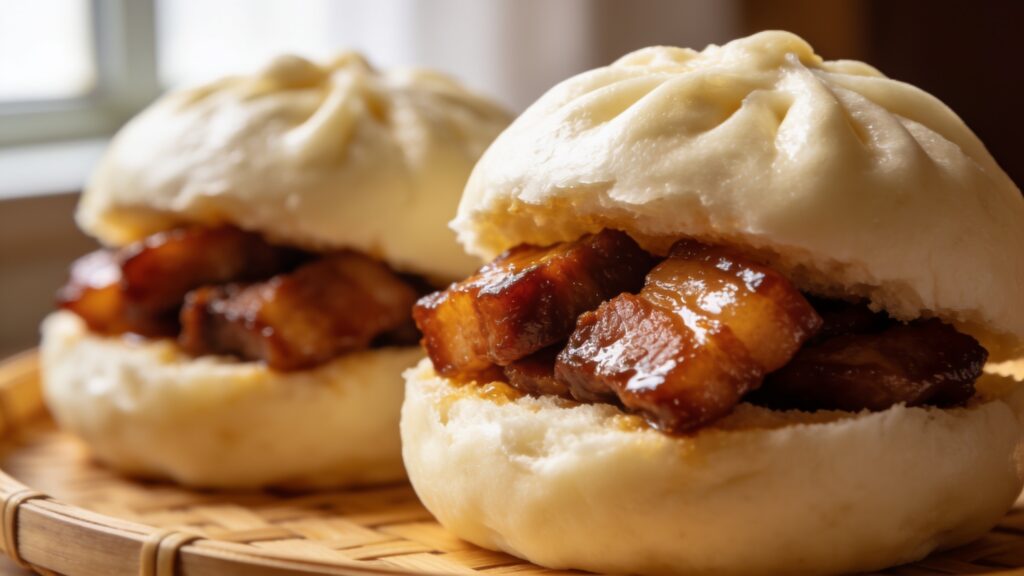 Pillowy steamed BBQ pork bao buns filled with char siu and hoisin sauce on a bamboo steamer