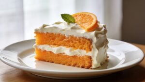 Moist orange layer cake with vanilla cream cheese frosting on a cake stand