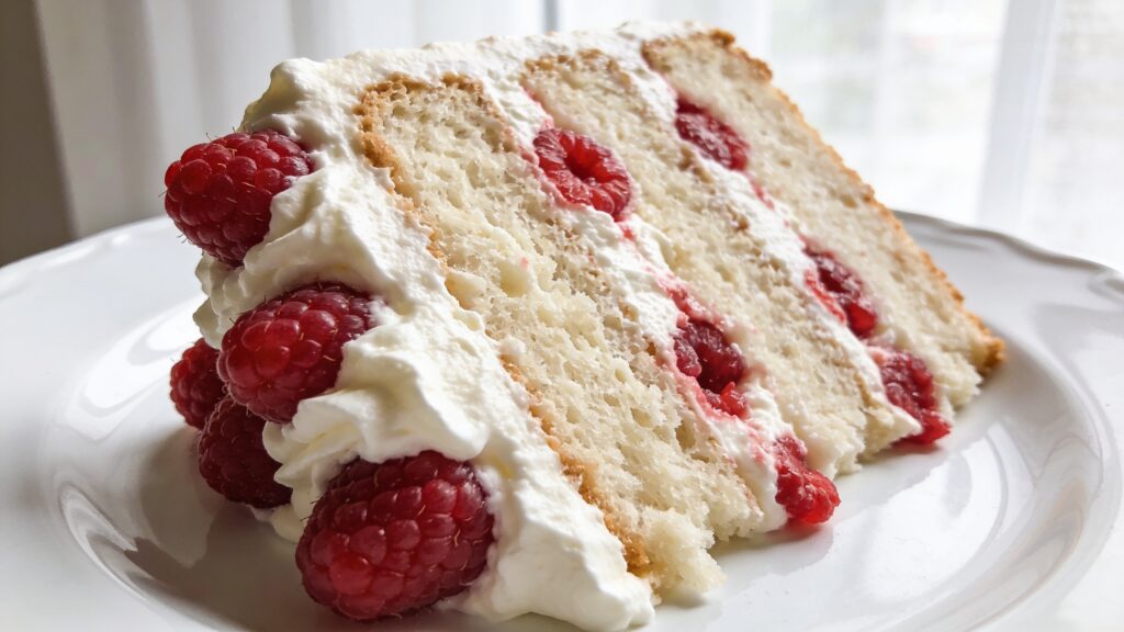 Raspberries and cream layer cake with fresh August raspberries and whipped cream frosting