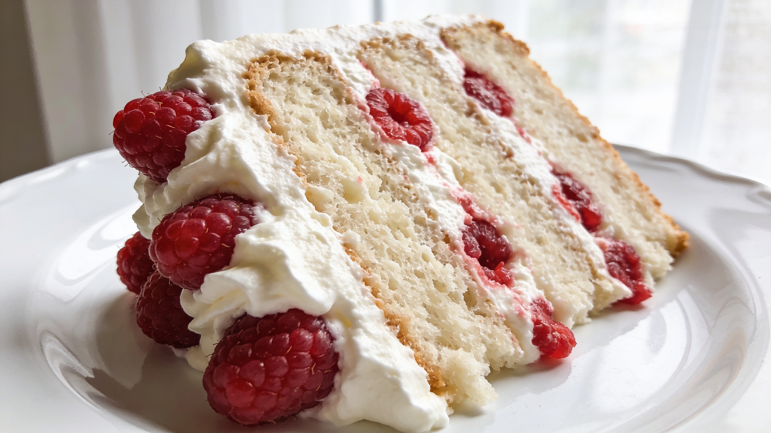 Raspberries and cream layer cake with fresh August raspberries and whipped cream frosting