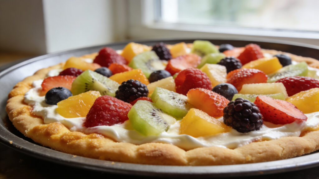 Sugar cookie fruit pizza with store dough topped with cream cheese and fresh fruit