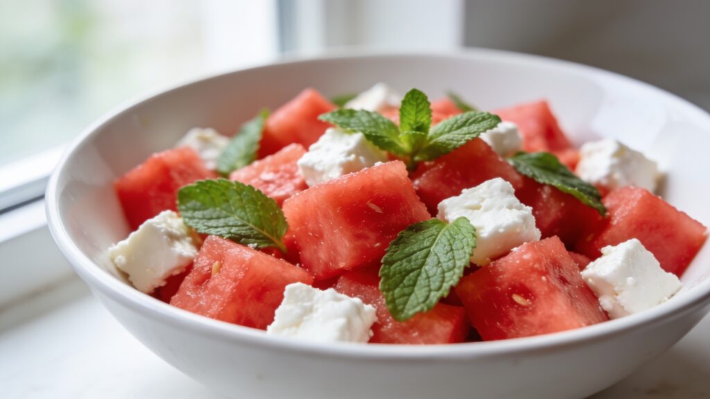 Bowl of fresh watermelon salad with crumbled feta cheese and mint leaves