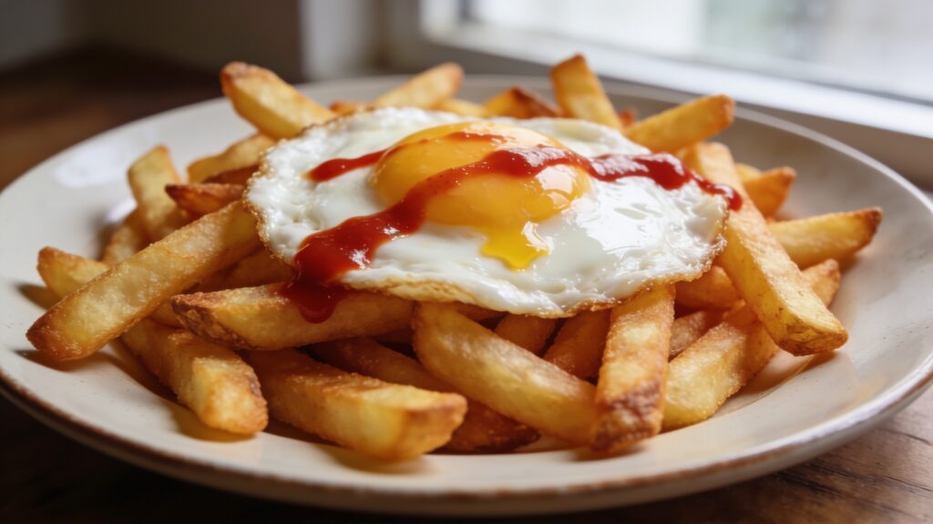 Air-fried frozen fries topped with a fried egg and hot sauce on a plate