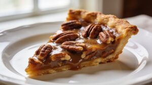 Golden brown pecan pie with pecan halves on top and a flaky crust