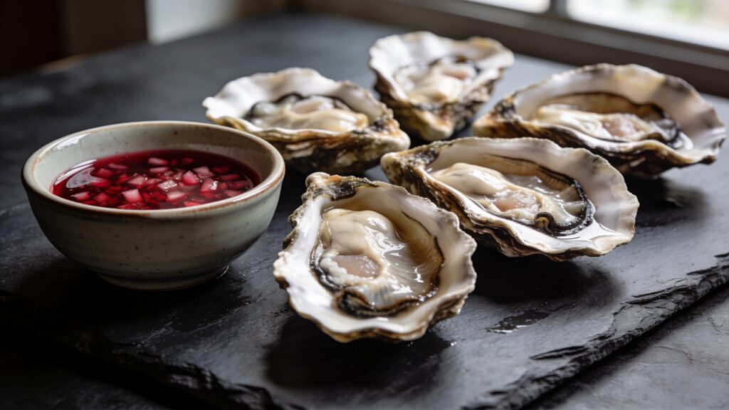 Freshly steamed oysters on the half shell with red wine mignonette
