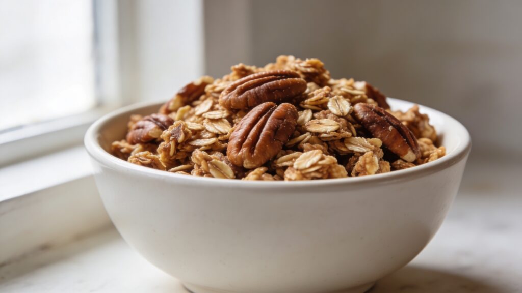 Easy pecan granola with rolled oats, chopped pecans, and maple syrup baked golden brown