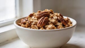 Easy pecan granola with rolled oats, chopped pecans, and maple syrup baked golden brown