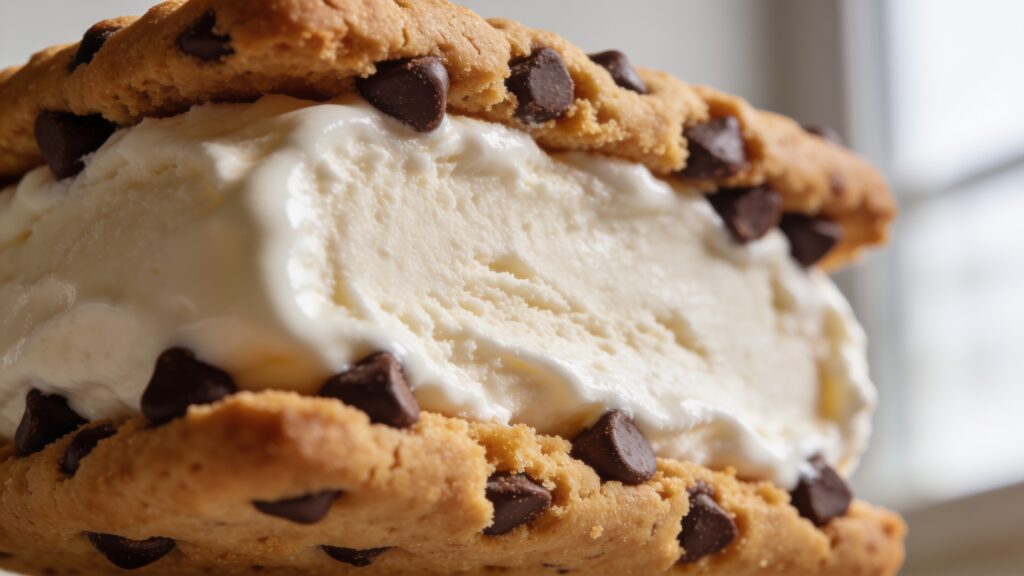 A classic chipwich-style ice cream sandwich with chocolate chip cookie layers and mini chocolate chips