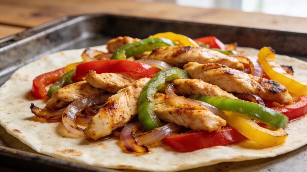 A sheet pan loaded with seasoned protein and colorful bell peppers and onions, ready for baking fajitas.