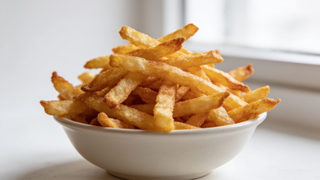 Golden brown crispy julienne fries in an air fryer basket, perfectly cooked with minimal oil