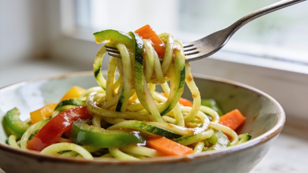 A colorful bowl of zucchini noodle stir fry with bell peppers, snap peas, and carrots, garnished with sesame seeds