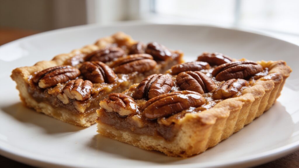 Lighter pecan pie bars on a serving plate