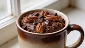 Finished chocolate pecan pie mug cake in a ceramic mug, topped with pecans and chocolate drizzle