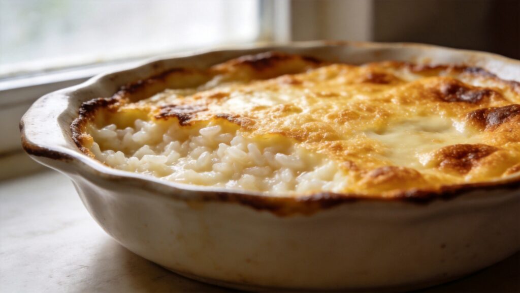 Golden-topped baked rice pudding in a ceramic dish, ready to serve