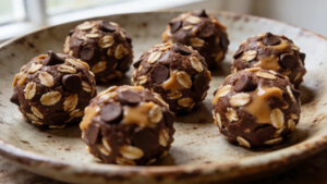 Chocolate peanut butter energy bites on a plate