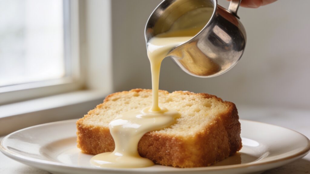 Rich vanilla crème anglaise being poured from a saucepan into a bowl, golden yellow and silky smooth.