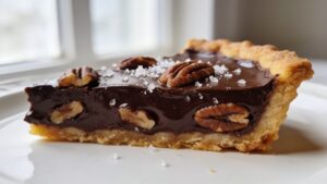 Salted chocolate pecan tart with glossy finish and pecan topping