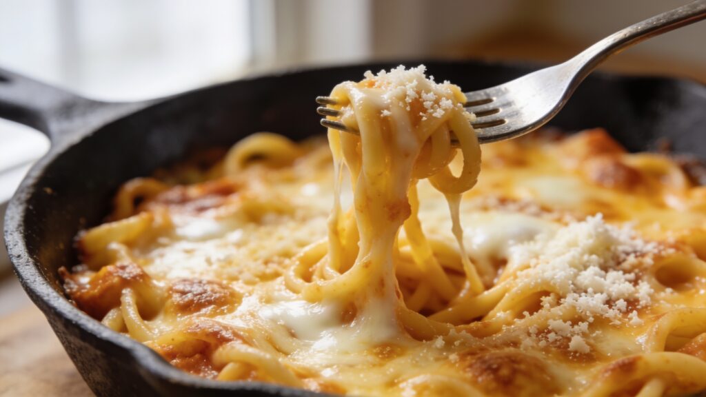 A rectangular baking dish filled with cheesy pasta bake, topped with melted mozzarella and garnished with fresh basil.