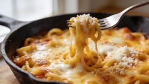 A rectangular baking dish filled with cheesy pasta bake, topped with melted mozzarella and garnished with fresh basil.