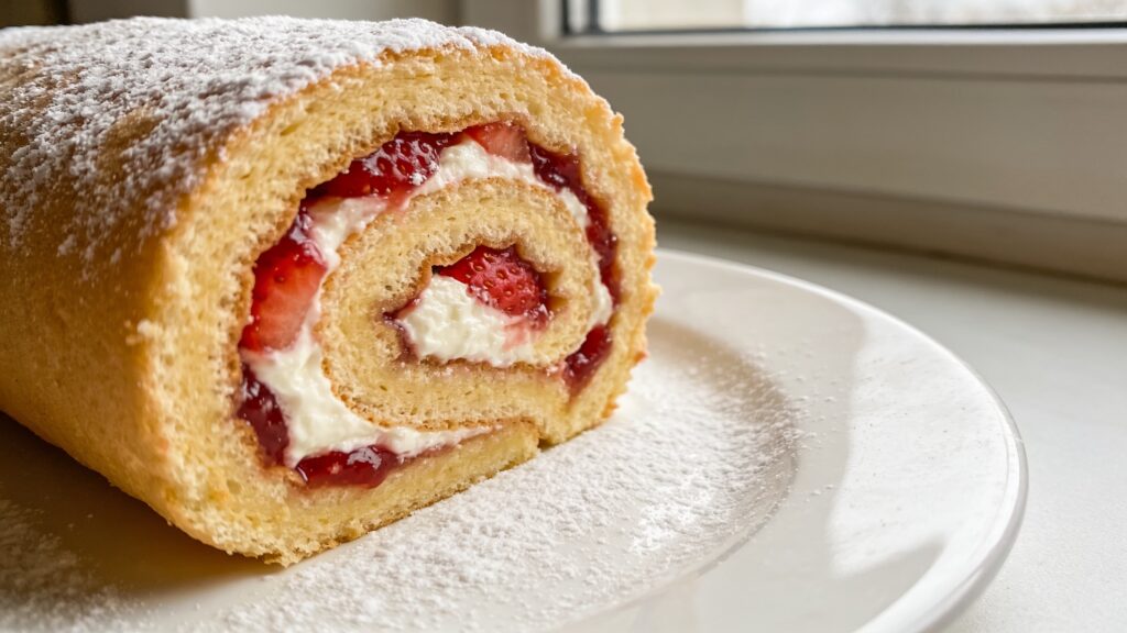 A beautifully rolled Swiss sponge cake filled with jam and cream on a serving plate