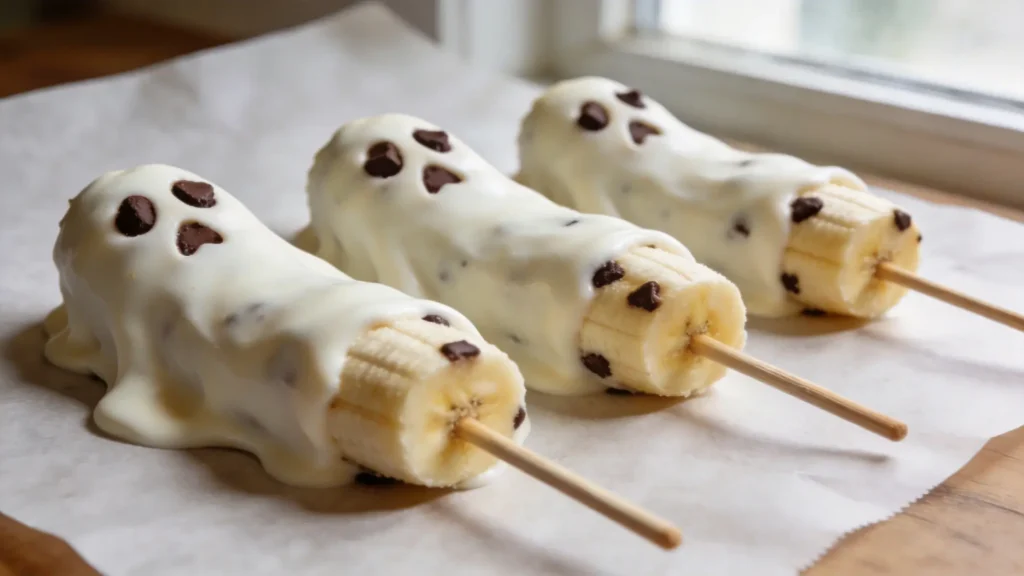 Ghost banana pops dipped in white chocolate with mini chocolate chip faces on a parchment-lined baking sheet