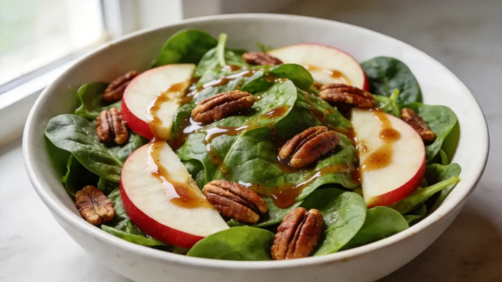 Vibrant harvest apple spinach salad with toasted pecans and maple Dijon vinaigrette in a bowl