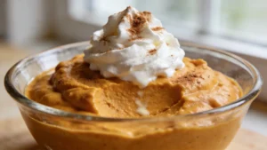 A light and airy pumpkin mousse topped with whipped cream and cinnamon, served in a clear glass, showcasing its creamy texture and festive fall appeal.
